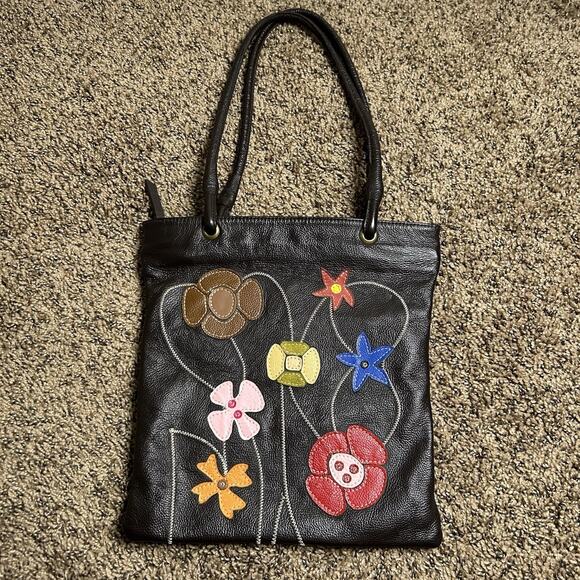 Arturo Martinez Handbag - Chocolate Leather With Floral Top Stitching - Picture 1 of 10